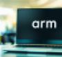 Laptop computer displaying logo of Arm Ltd., a British semiconductor and software design company based in Cambridge, England